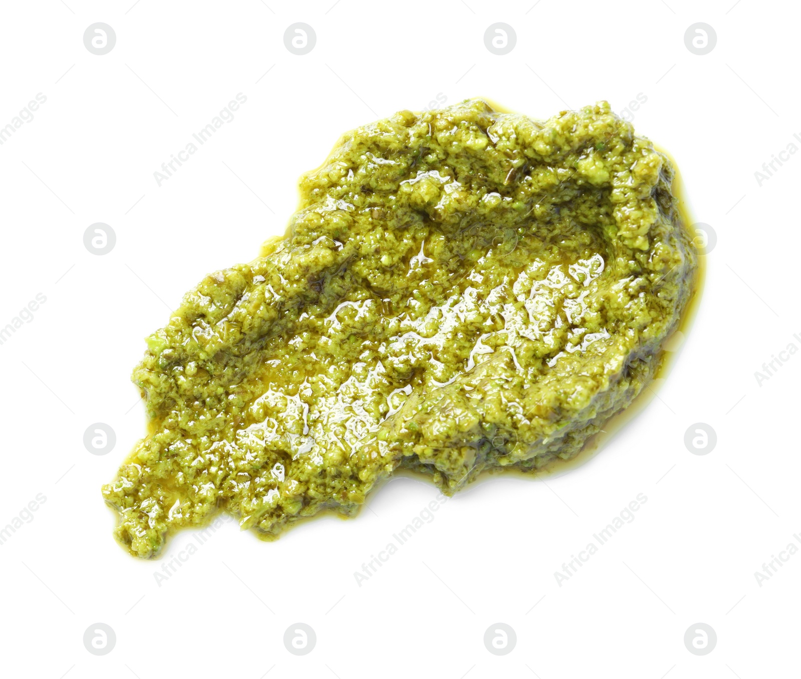 Photo of Sample of tasty pesto sauce isolated on white, top view