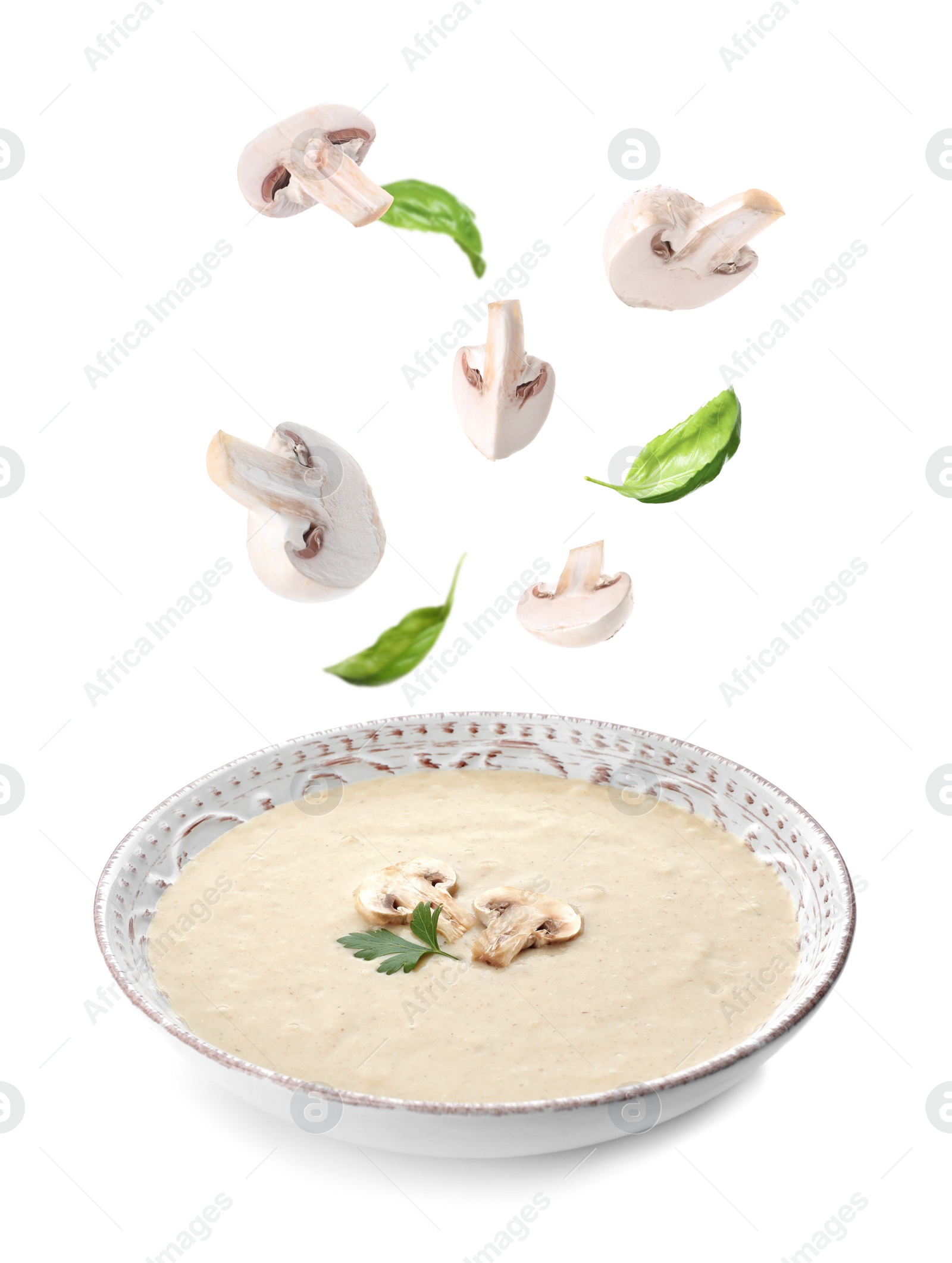 Image of Fresh mushrooms and basil falling into bowl with homemade soup on white background