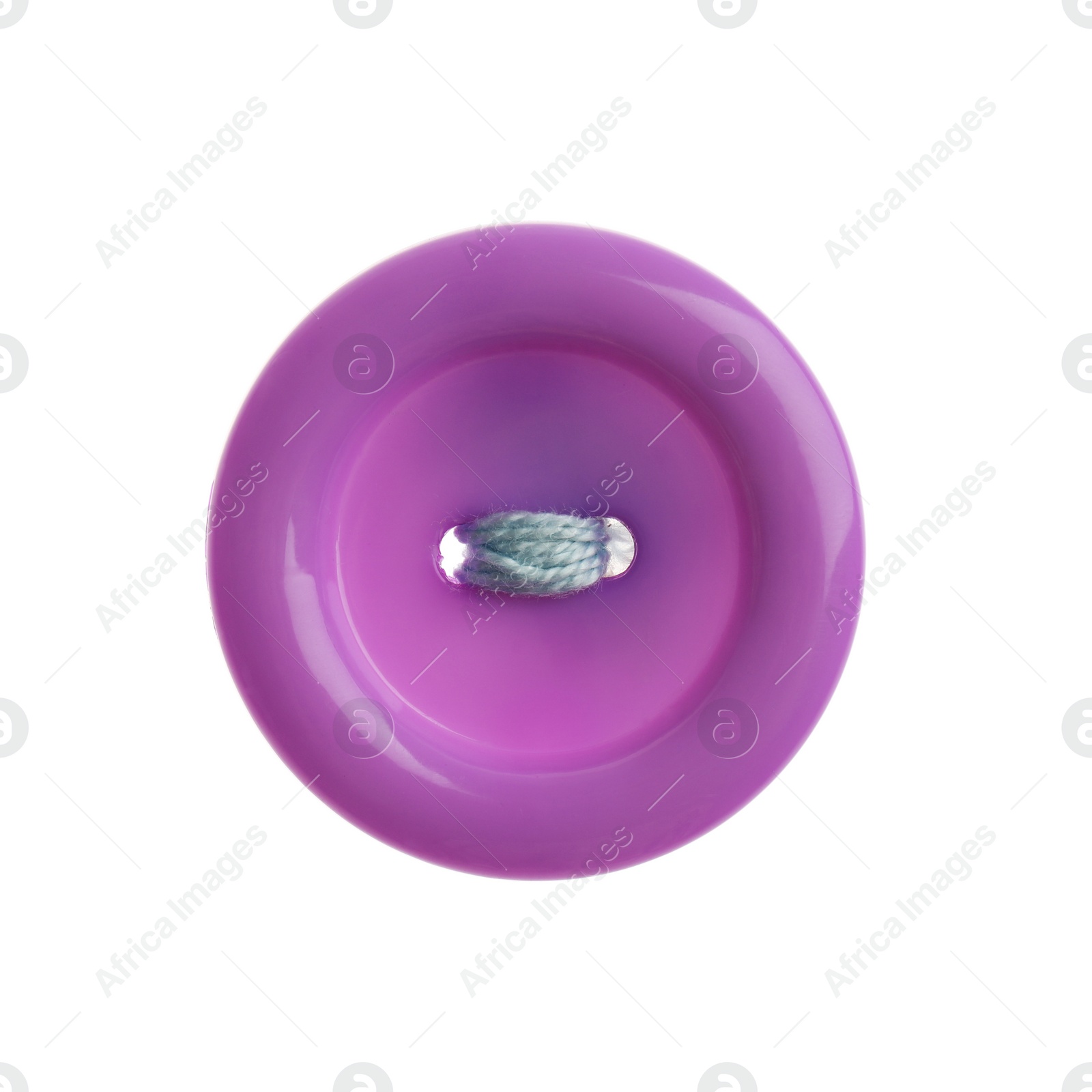 Photo of Purple plastic sewing button isolated on white, top view