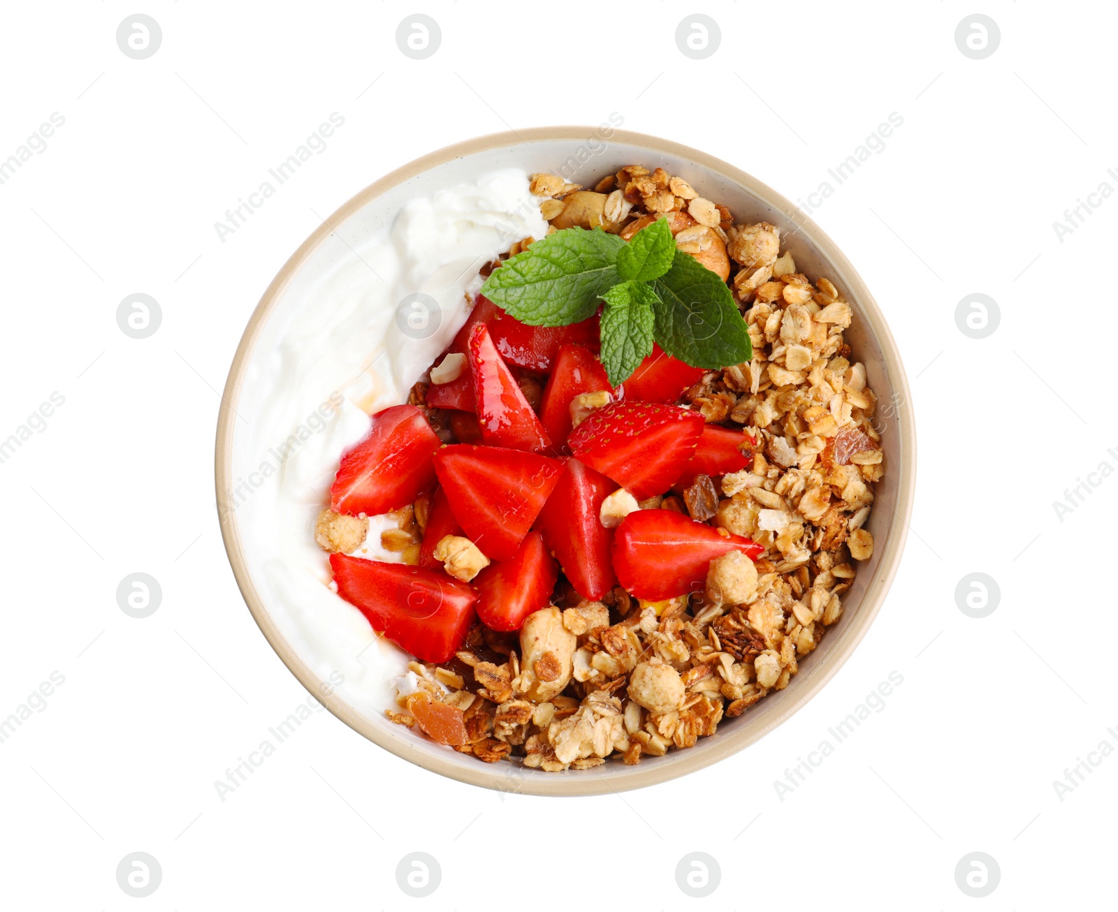 Photo of Bowl with tasty granola and strawberries on white background, top view. Healthy meal