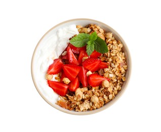 Bowl with tasty granola and strawberries on white background, top view. Healthy meal