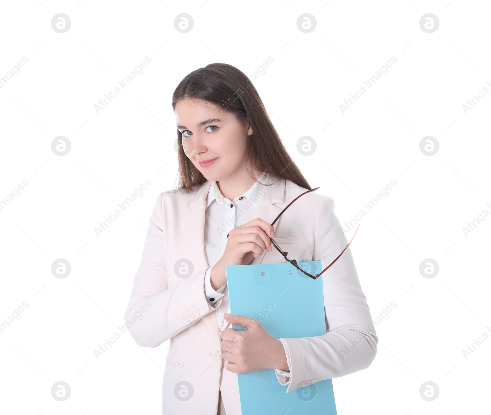 Photo of Portrait of young businesswoman on white background