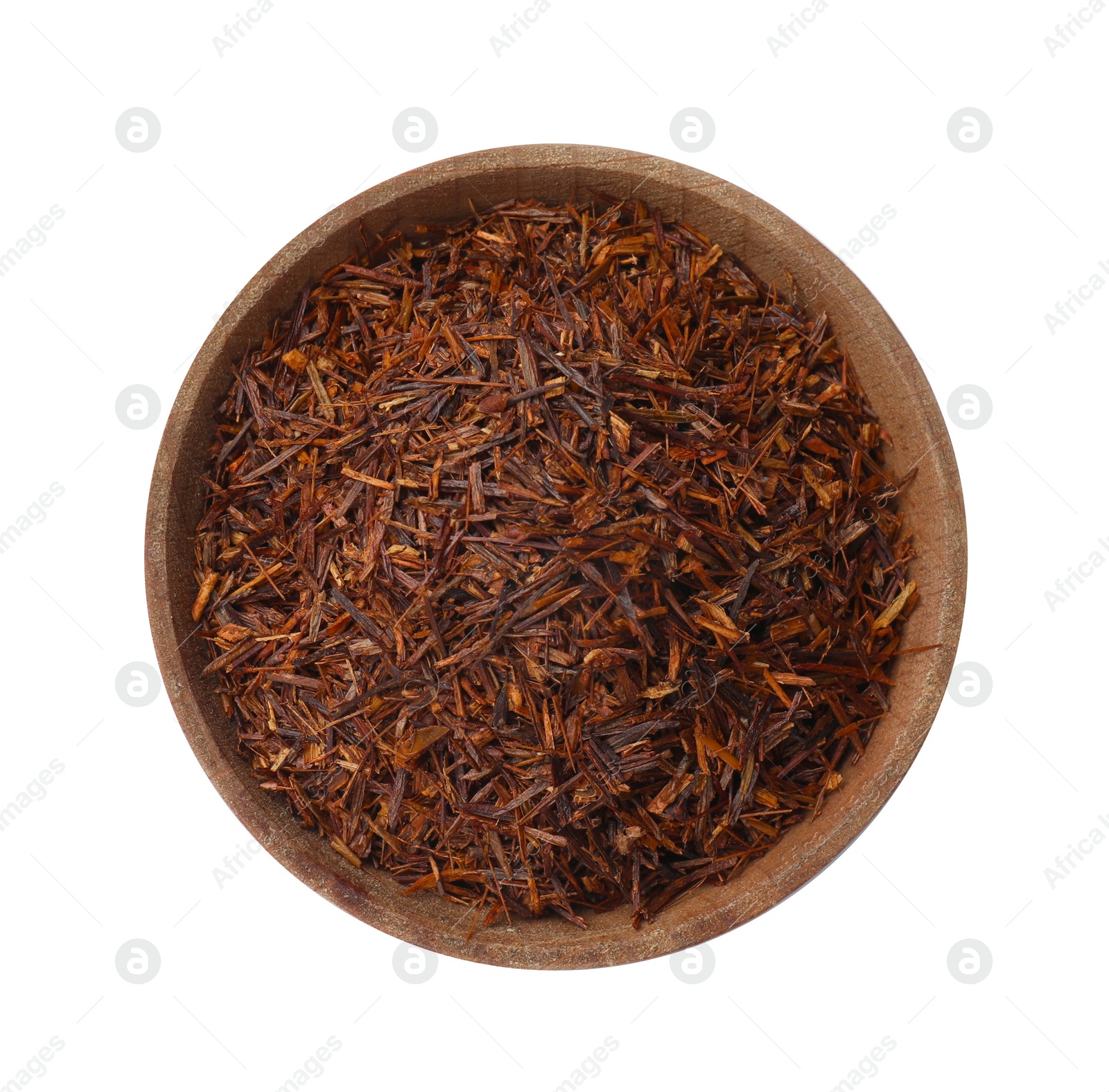 Photo of Rooibos tea in bowl isolated on white, top view