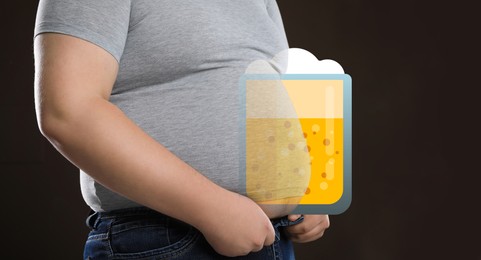 Beer belly problem. Overweight man on brown background, closeup