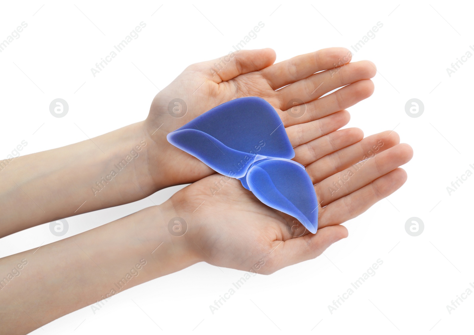 Photo of Woman holding paper liver on white background, closeup and top view. Hepatitis treatment