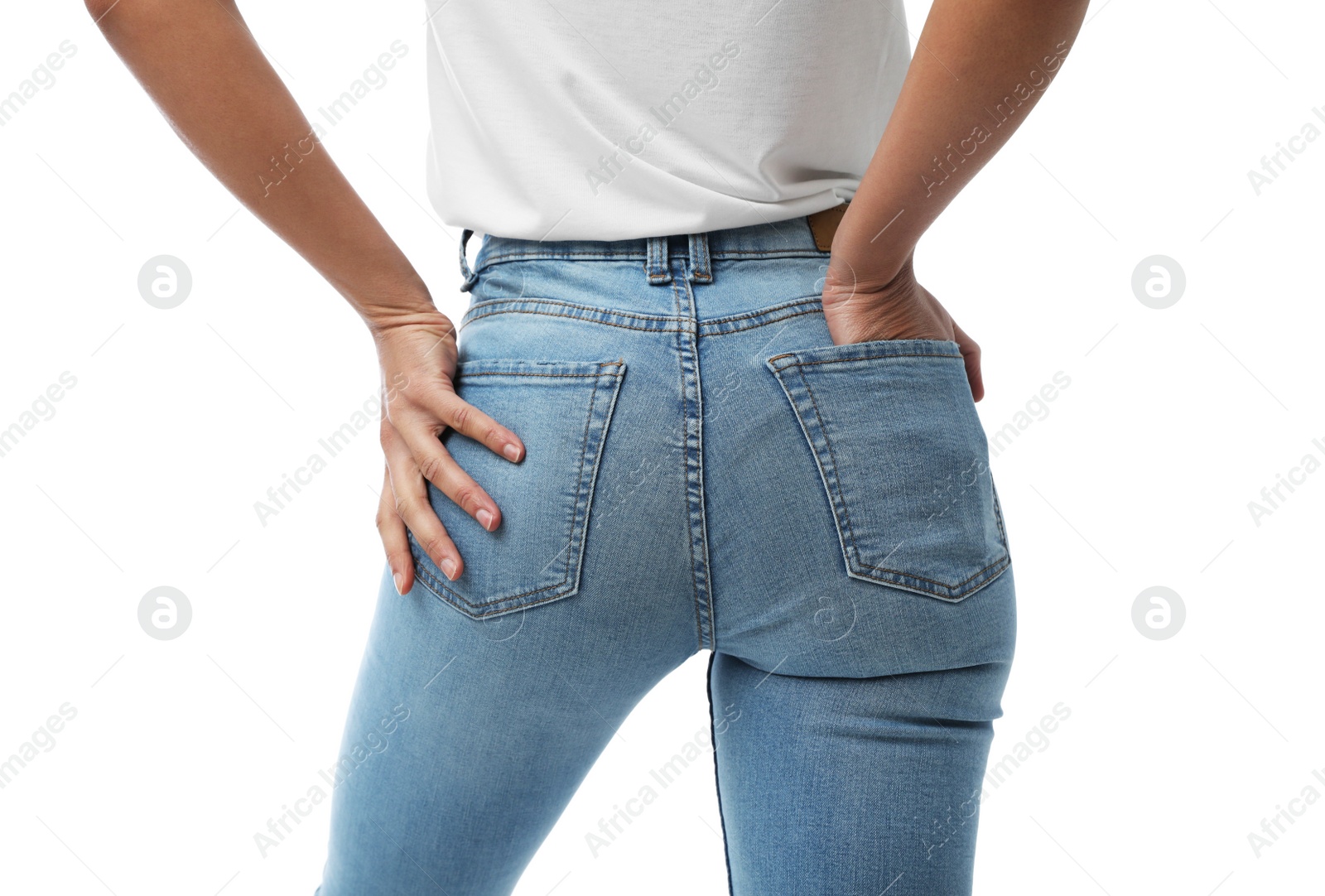 Photo of Woman wearing jeans on white background, closeup