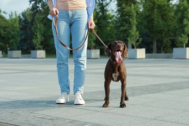 Photo of Woman with her German Shorthaired Pointer dog walking on city street, closeup