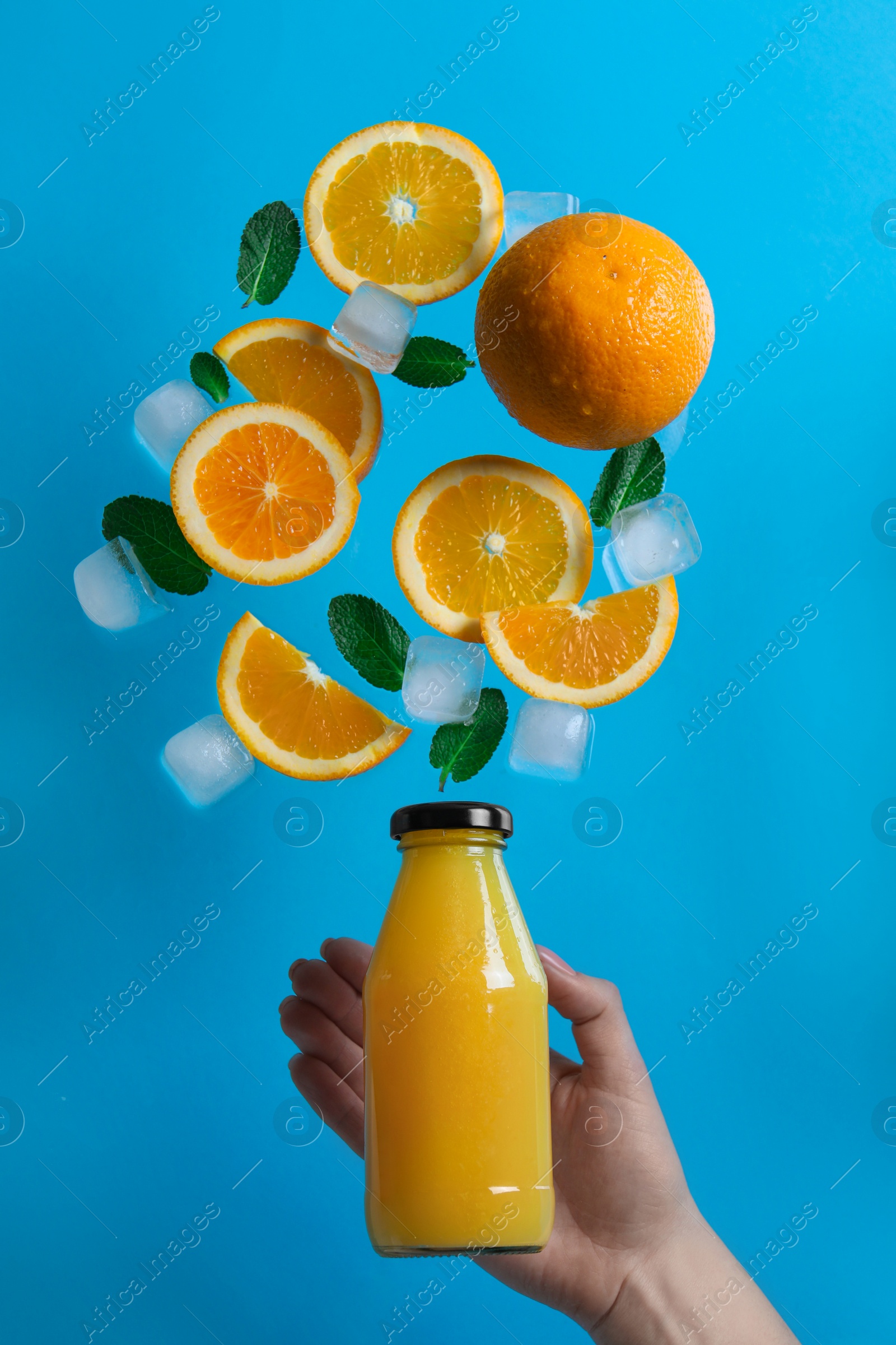 Photo of Woman holding bottle under tasty ripe oranges, green leaves and ice cubes on light blue background