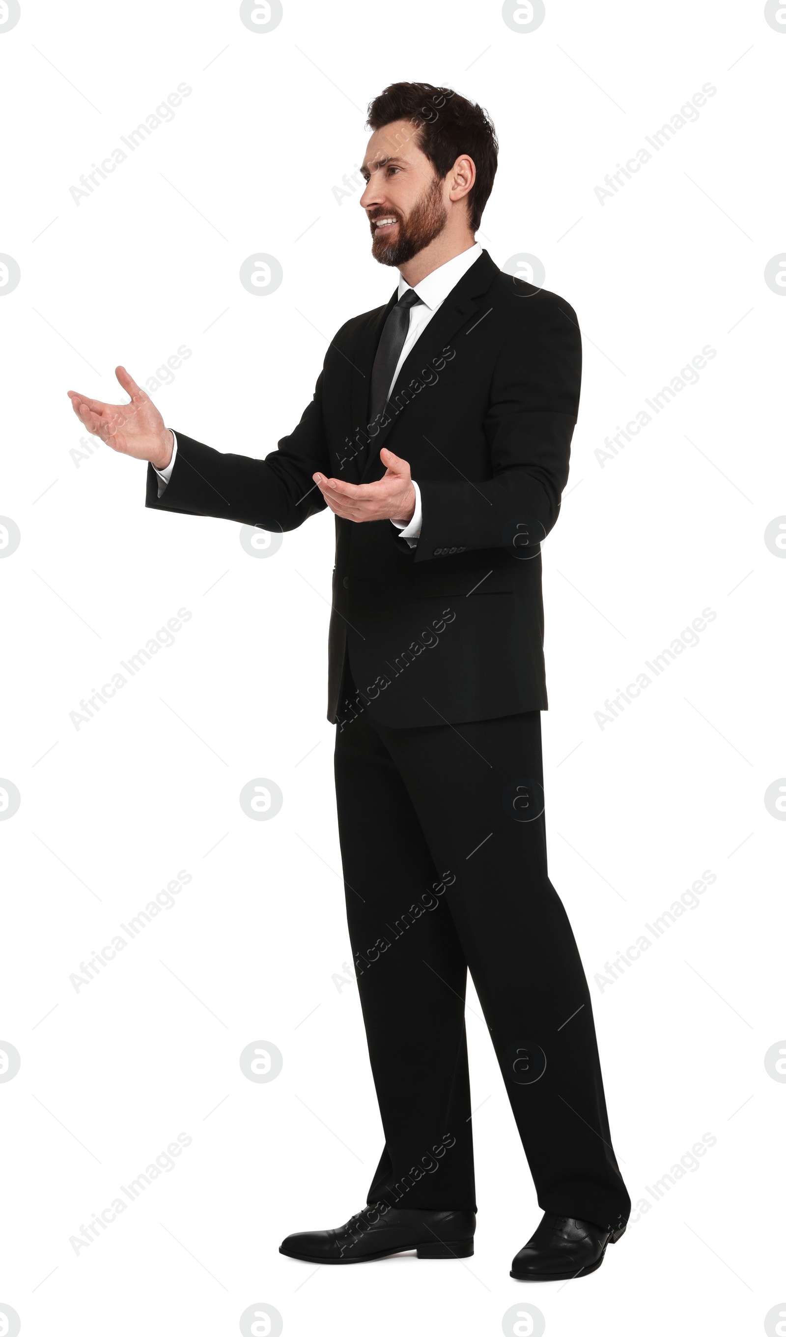 Photo of Handsome man greeting someone on white background