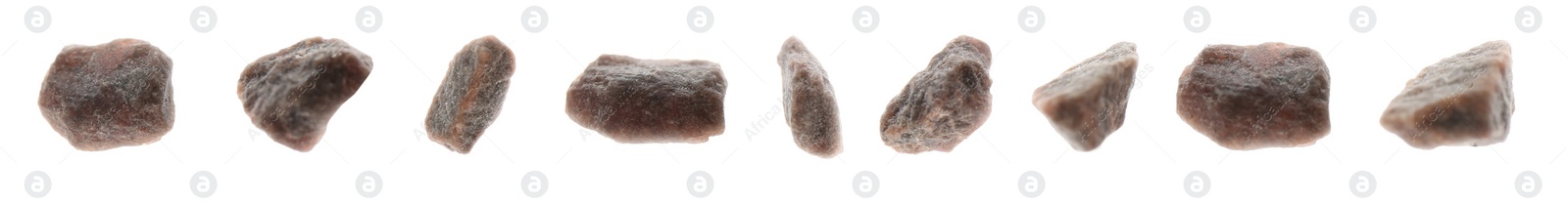 Image of Set of black salt crystals on white background. Banner design 