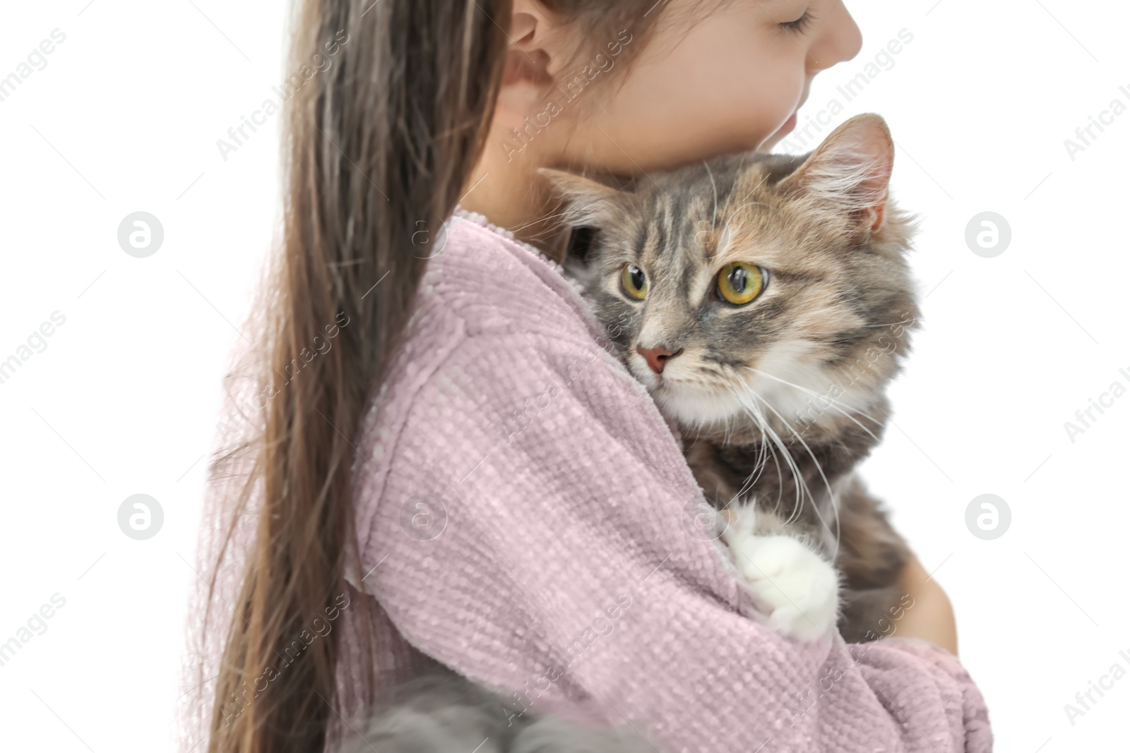 Photo of Cute little girl with cat near window at home