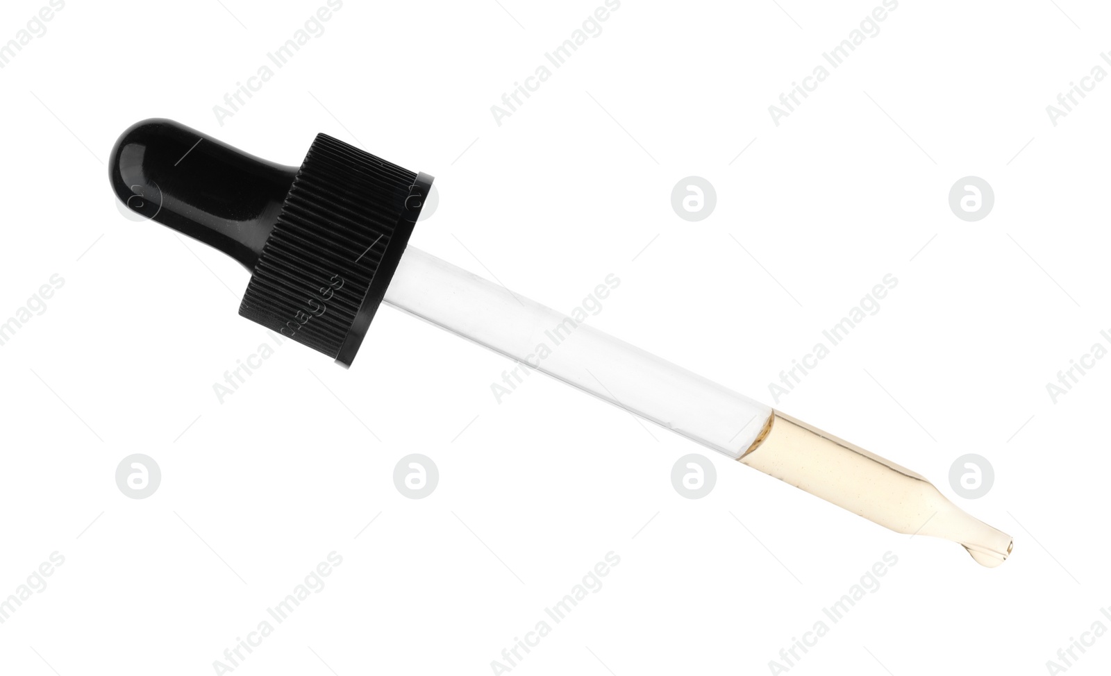 Photo of Pipette with essential oil on white background. Cosmetic product