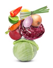 Stack of different vegetables and fruits isolated on white