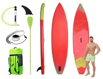 Happy man with SUP board and different equipment for stand up paddle boarding isolated on white, set of photos
