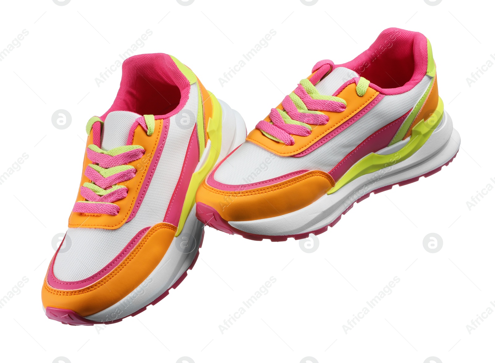 Photo of Pair of stylish colorful sneakers isolated on white