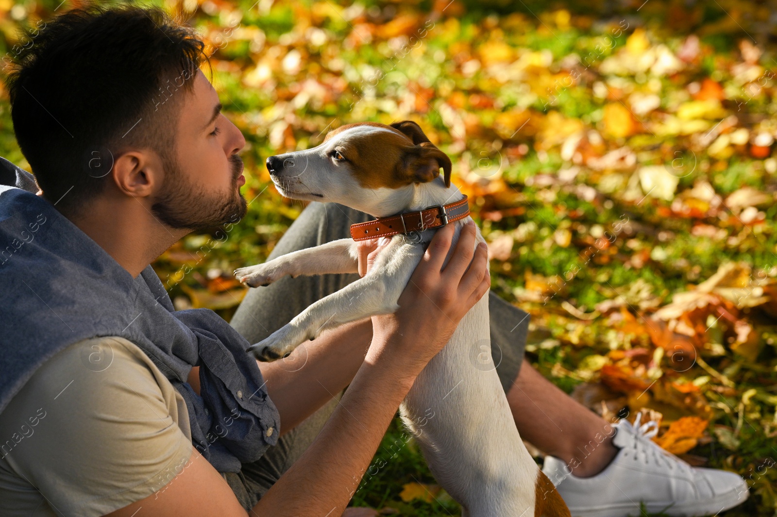 Photo of Man with adorable Jack Russell Terrier in autumn park. Dog walking