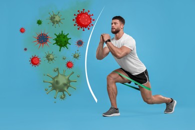 Sporty man exercising on light blue background. Healthy lifestyle - base of strong immunity