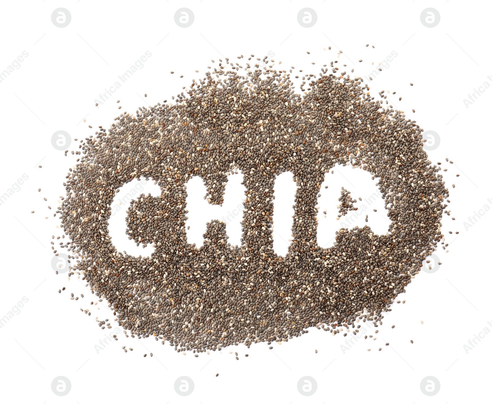 Photo of Word CHIA written in pile of seeds on white background, top view