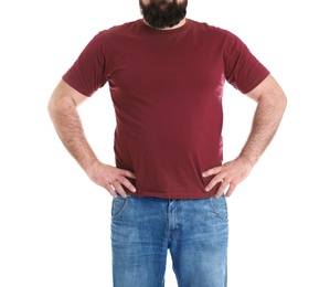 Overweight man isolated on white, closeup. Weight loss