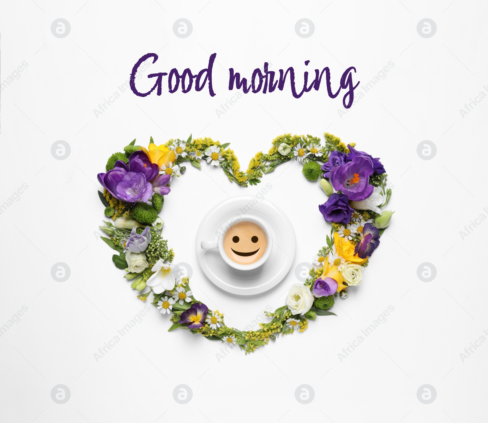 Image of Beautiful heart made of different flowers and coffee on white background, top view. Good morning 