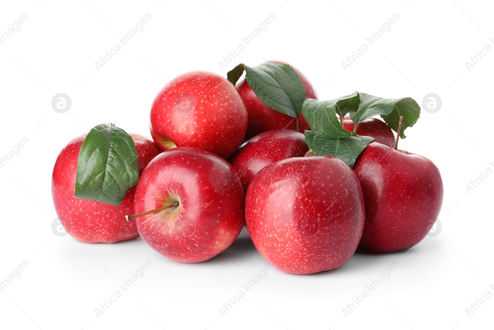 Photo of Heap of ripe juicy red apples on white background