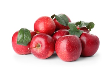 Photo of Heap of ripe juicy red apples on white background