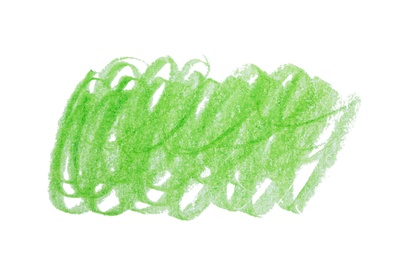Photo of Green pencil scribble on white background, top view