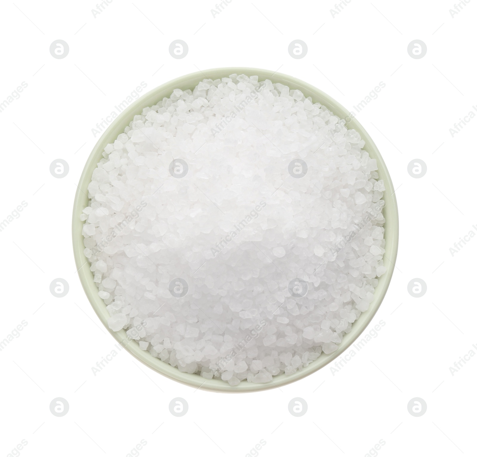 Photo of Bowl with natural salt isolated on white, top view