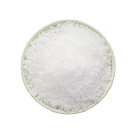 Photo of Bowl with natural salt isolated on white, top view