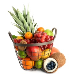 Photo of Metal basket with different fresh fruits isolated on white