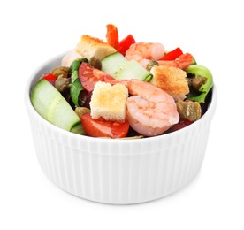 Photo of Tasty salad with croutons, tomato and shrimps isolated on white