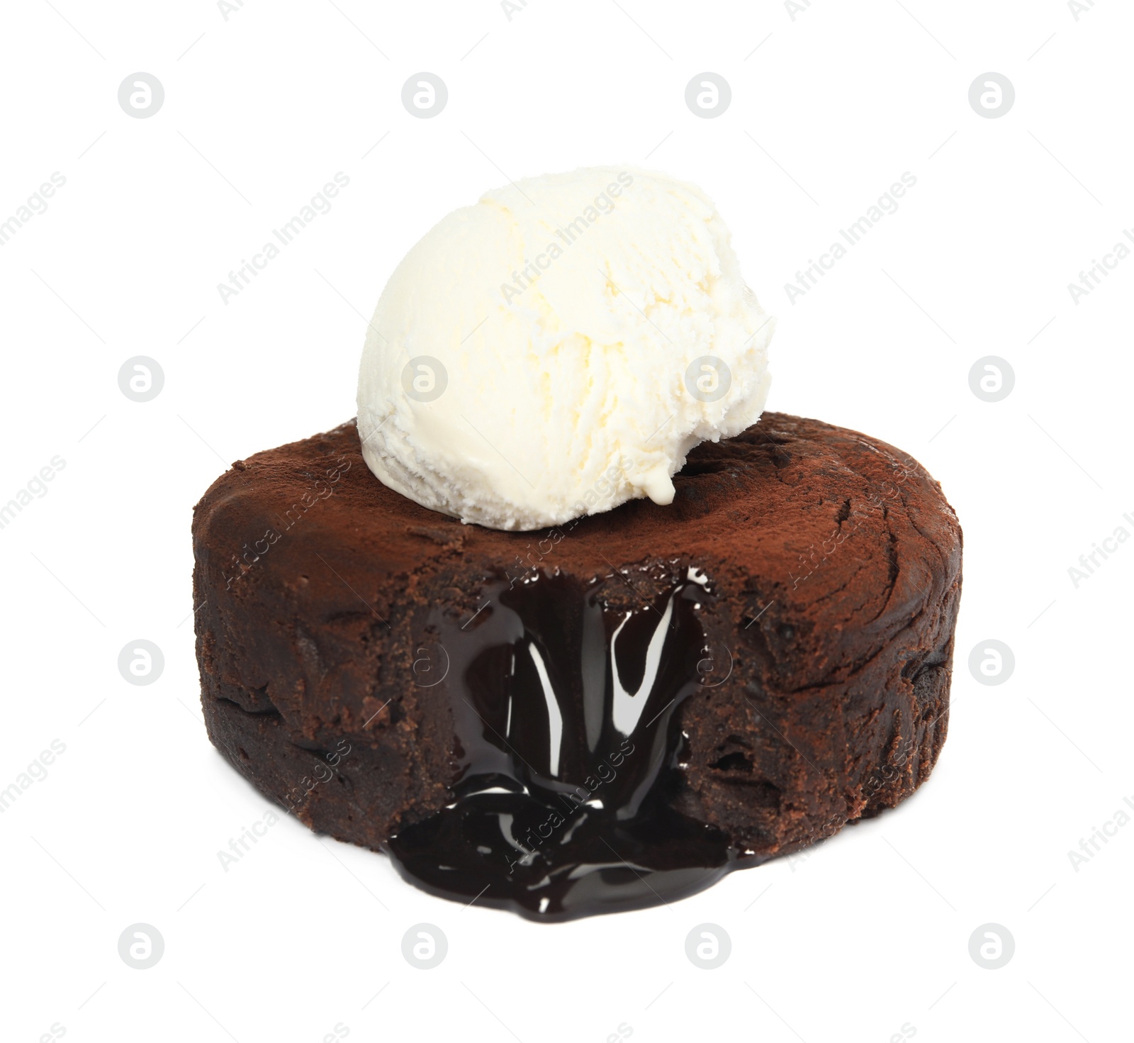 Photo of Delicious fresh fondant with hot chocolate and ice cream isolated on white