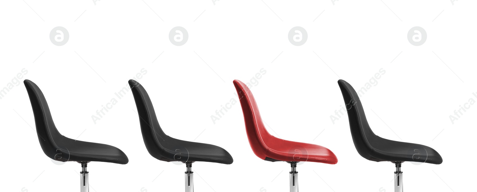 Image of Vacant position. Red office chair among black ones on white background, banner design