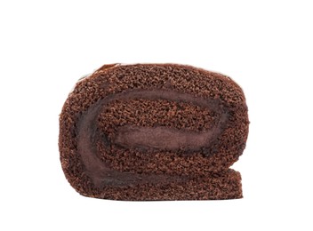 Photo of Tasty chocolate cake roll isolated on white