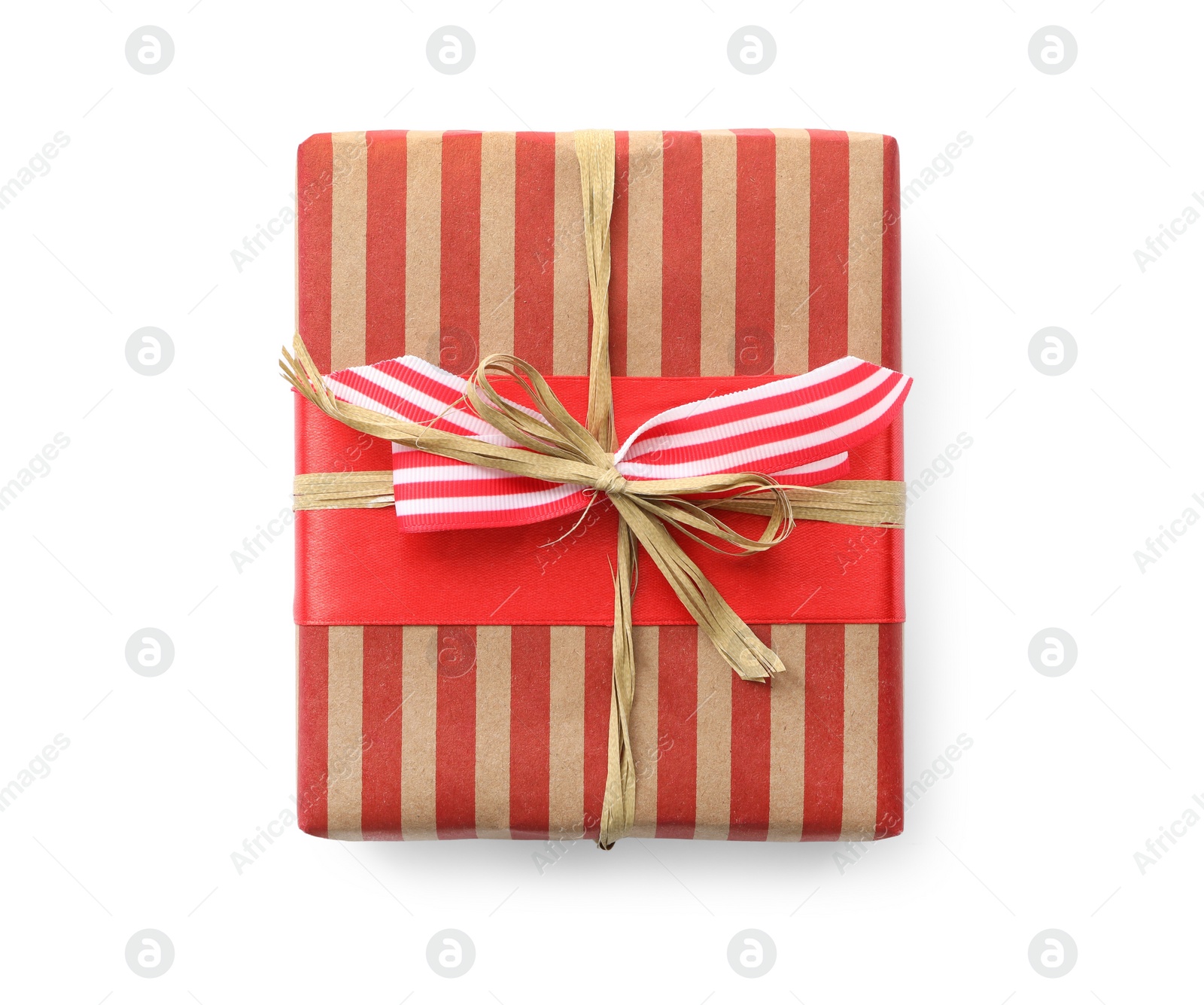 Photo of Christmas gift box decorated with bow isolated on white, top view