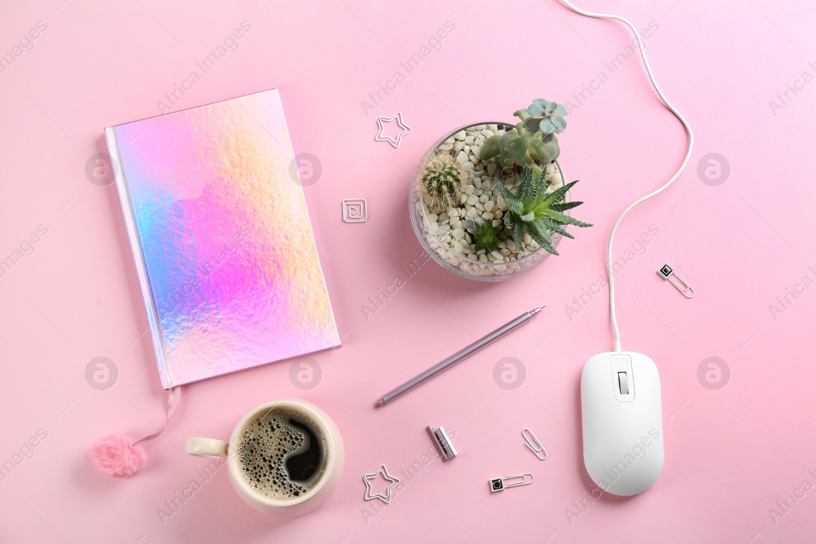 Photo of Flat lay composition with mouse and cup of coffee on pink background