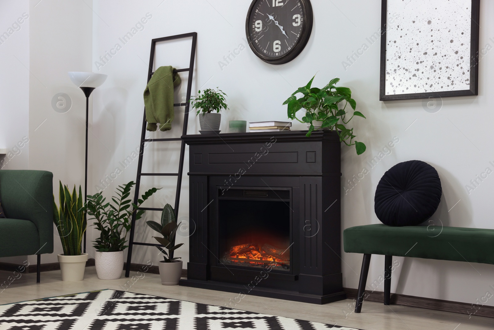 Photo of Stylish living room interior with decorative fireplace