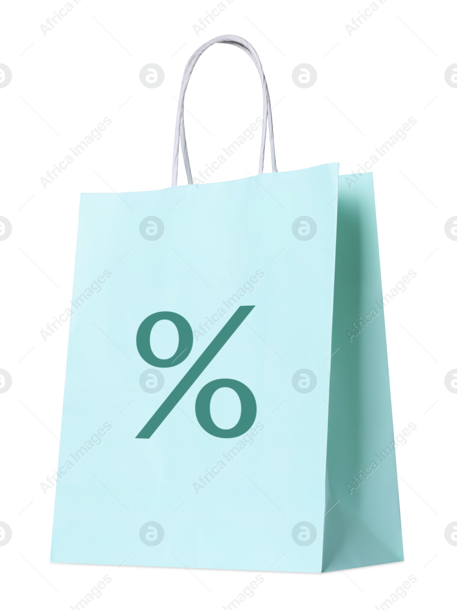 Image of Light blue paper bag with teal percent sign isolated on white