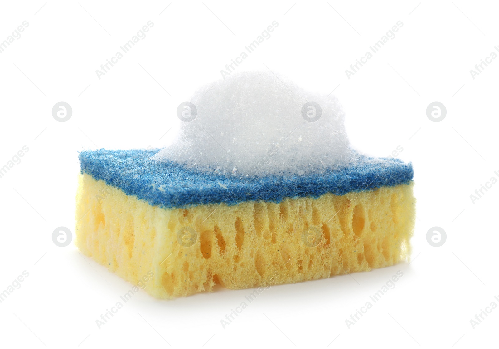 Photo of Yellow cleaning sponge with foam on white background
