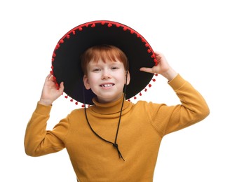 Photo of Cute boy in Mexican sombrero hat on white background