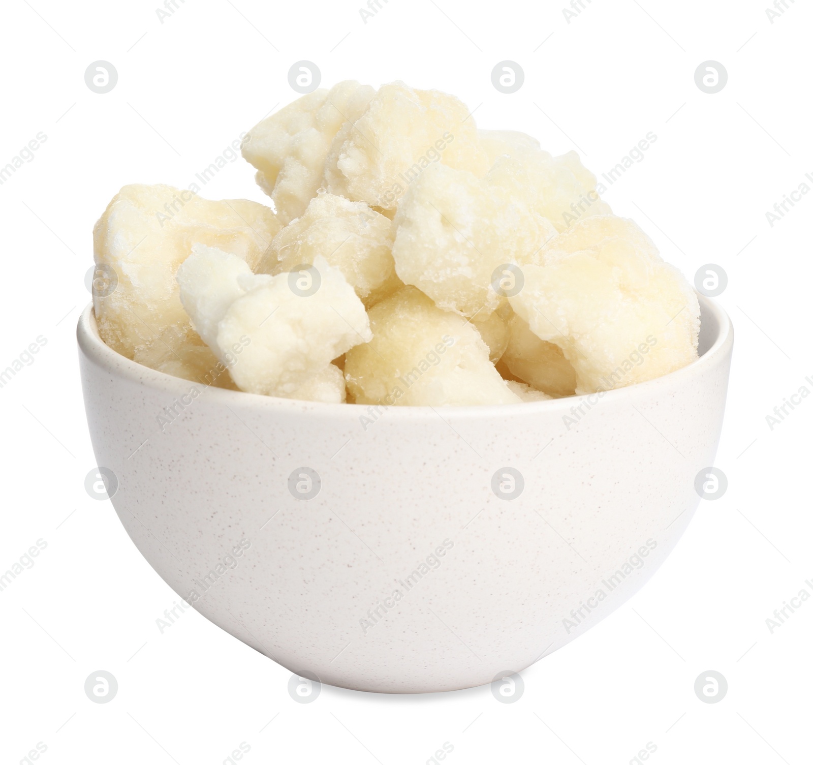 Photo of Frozen cauliflower florets in bowl isolated on white. Vegetable preservation