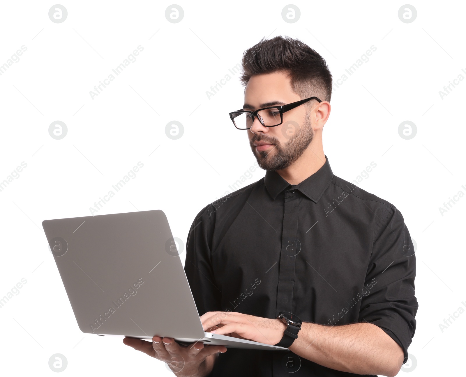 Photo of Young businessman with laptop on white background