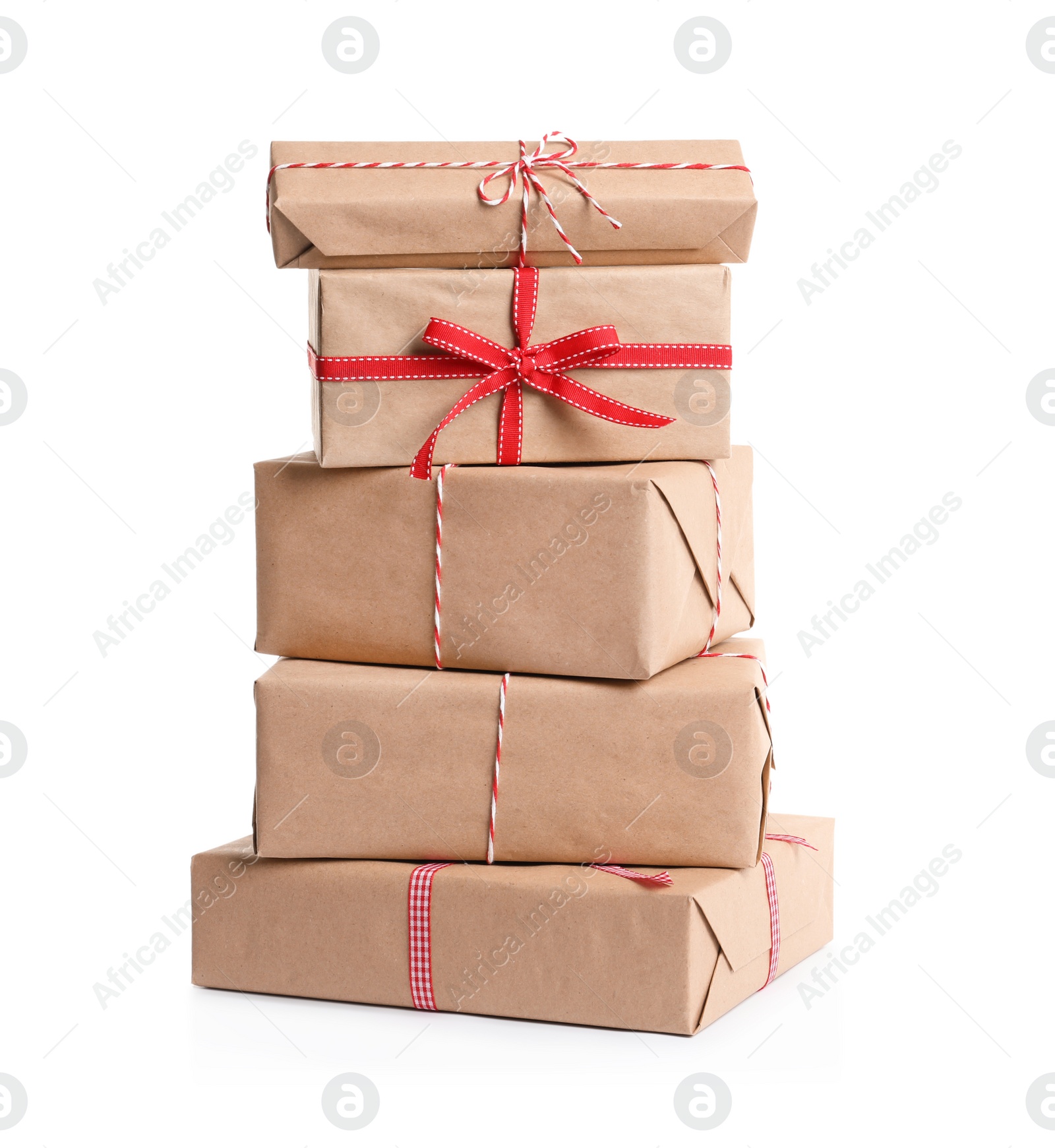 Photo of Beautifully wrapped gift boxes on white background