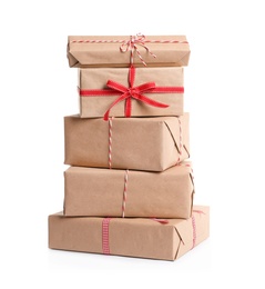 Beautifully wrapped gift boxes on white background