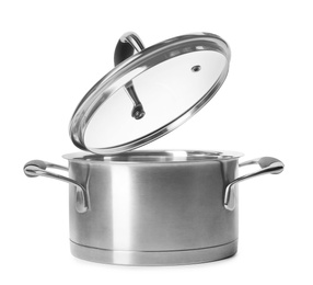 Photo of Steel pot with lid isolated on white