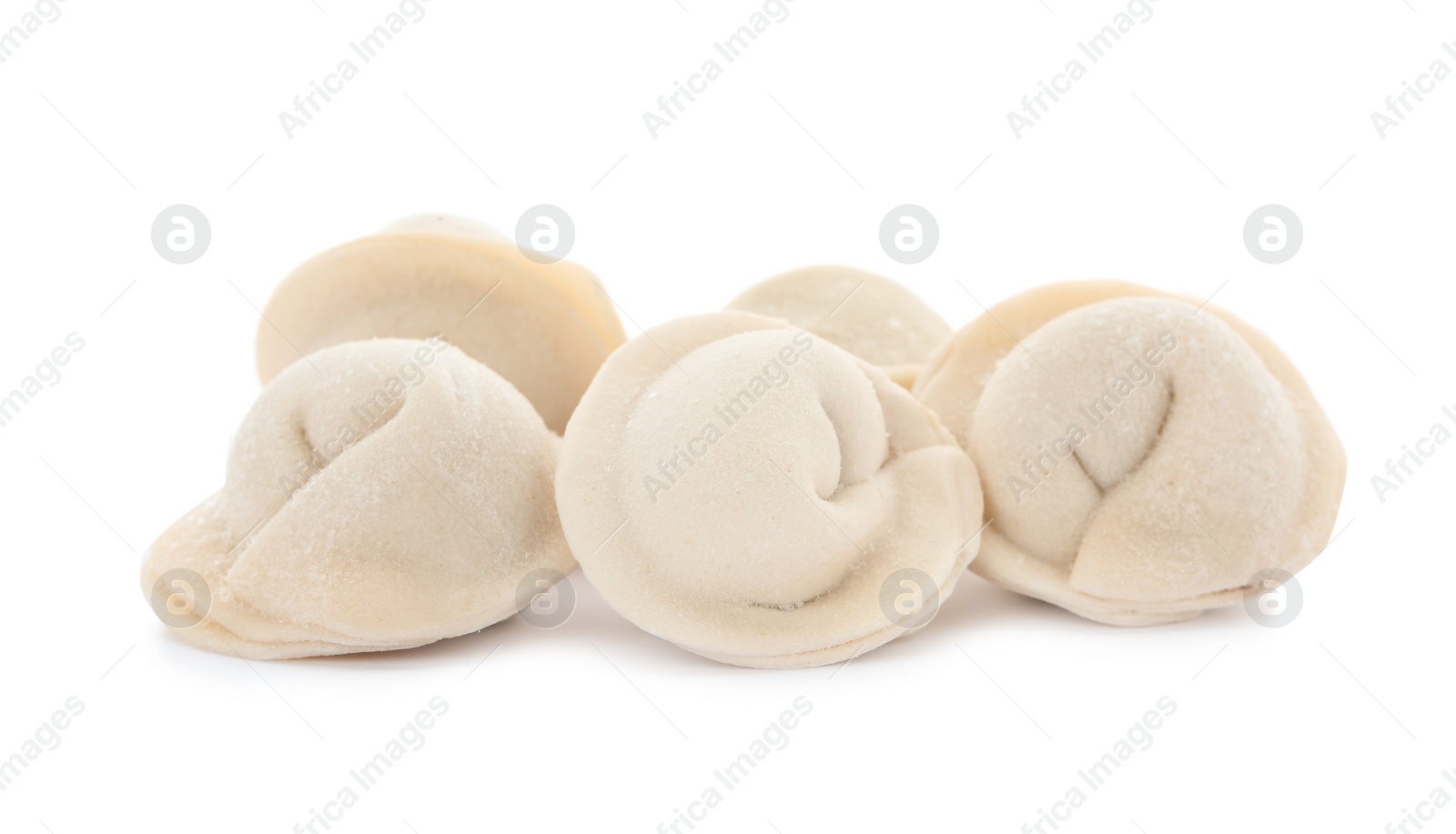 Photo of Heap of raw meat dumplings on white background