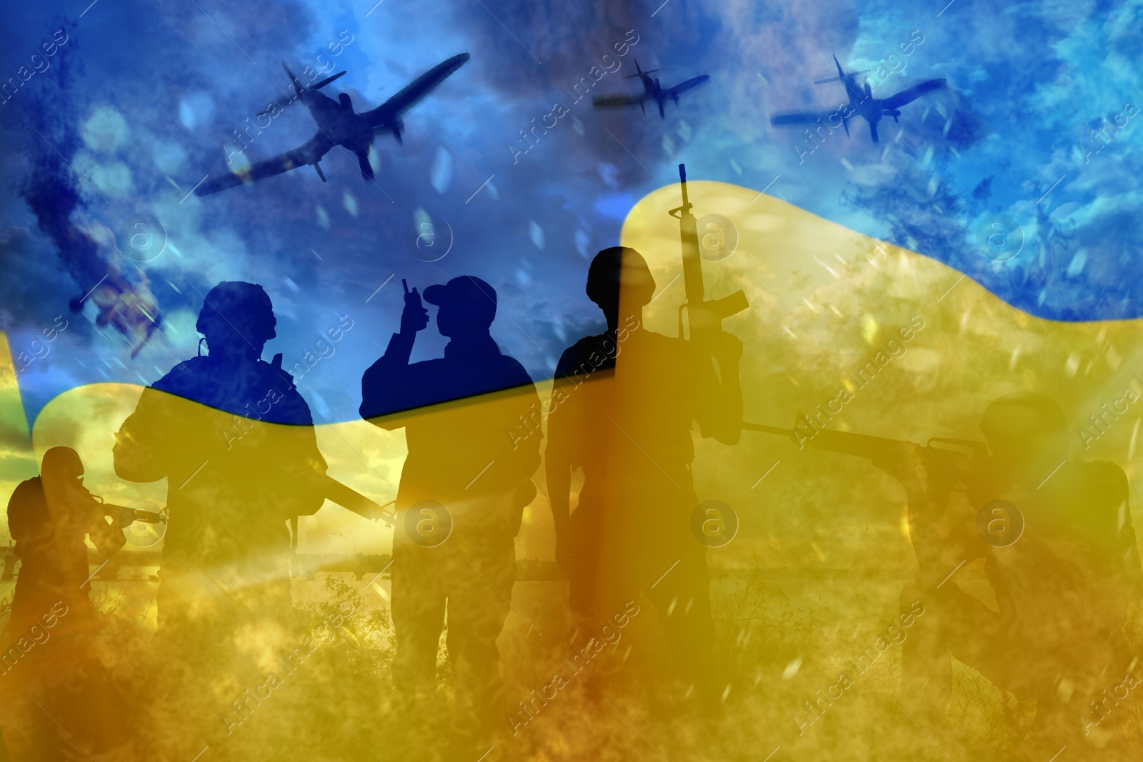 Image of Silhouettes of soldiers and Ukrainian national flag, double exposure