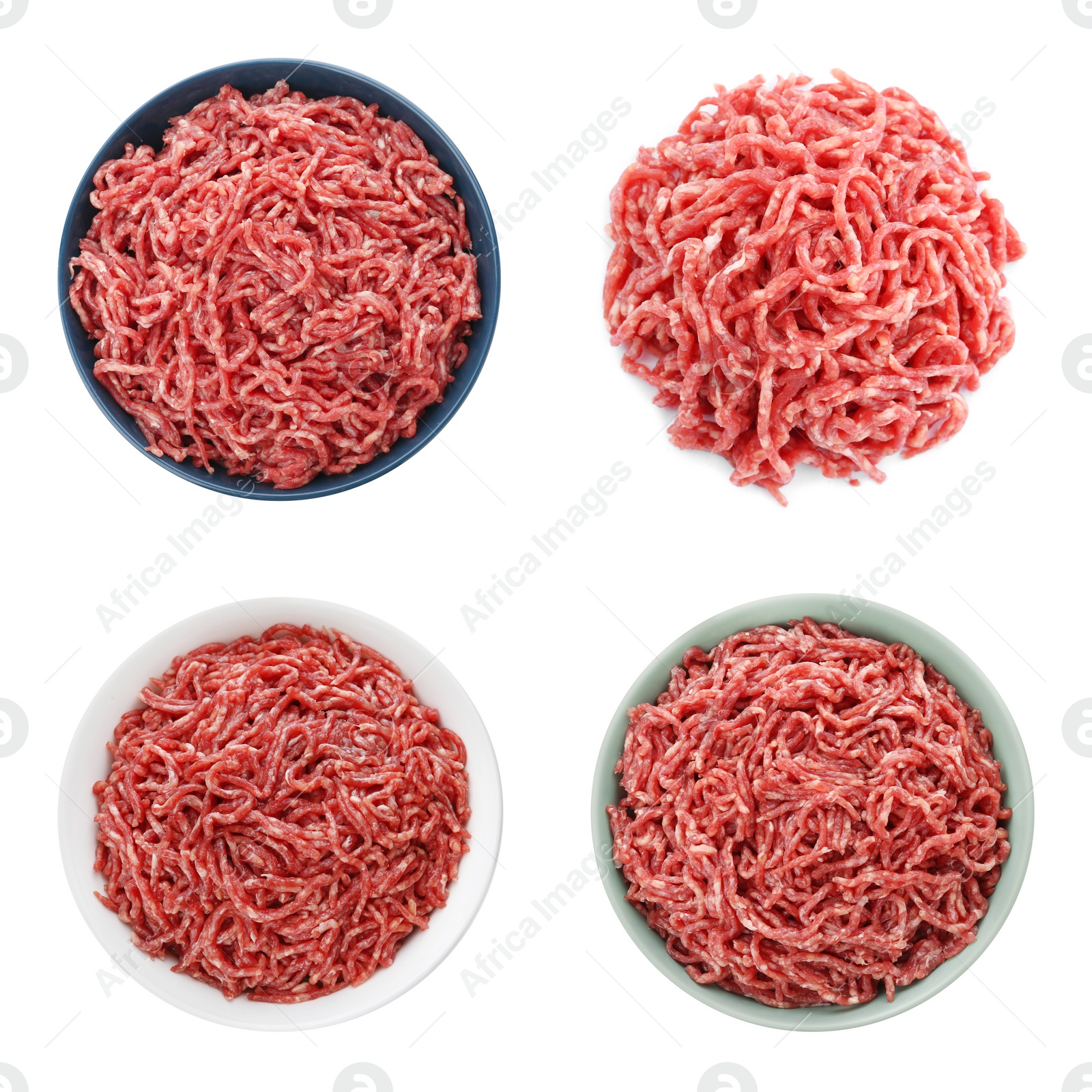 Image of Set with raw minced meat on white background, top view