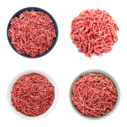 Set with raw minced meat on white background, top view