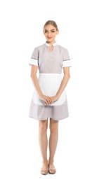 Photo of Full length portrait of young chambermaid in tidy uniform on white background